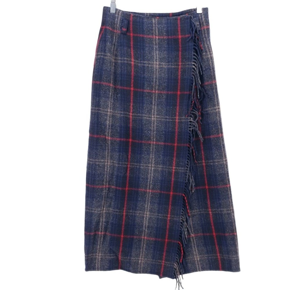 VTG EDDIE BAUER Plaid Blanket Wool Nylon Wrap Skirt Fringe Size 10